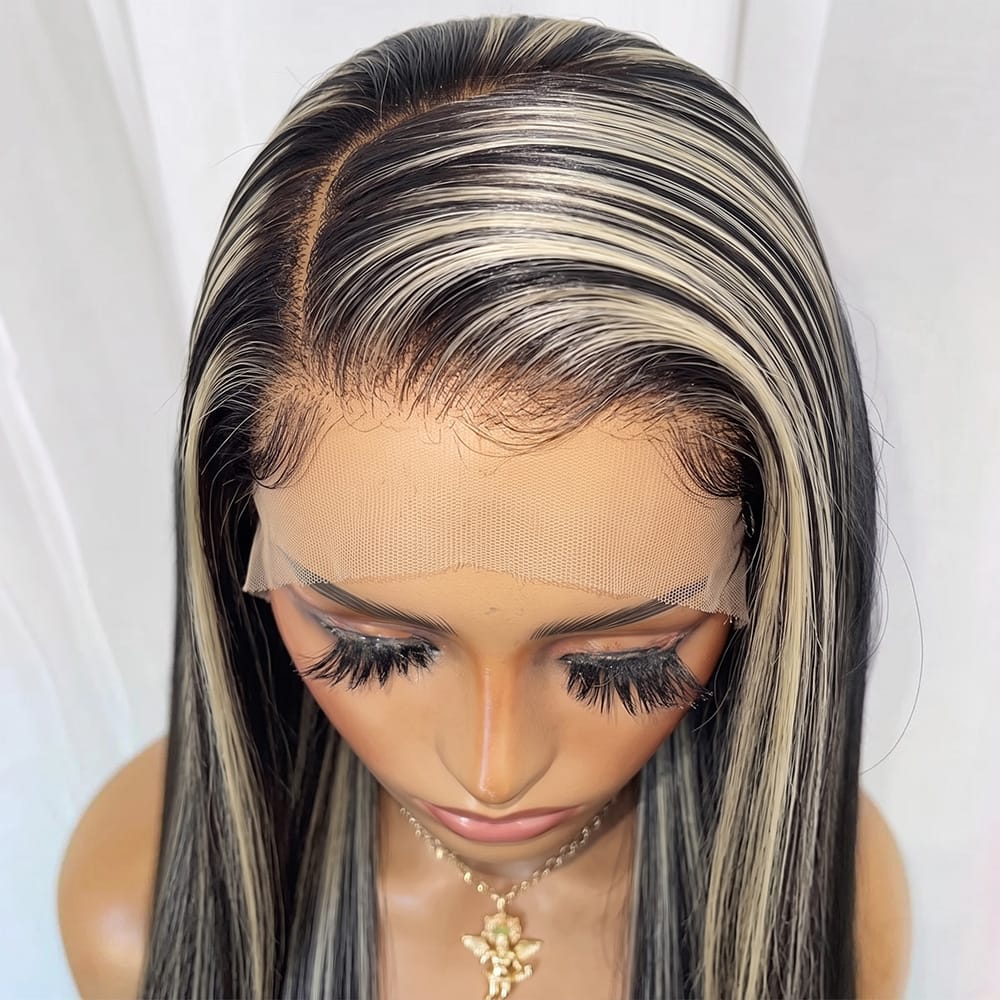 Bone Straight HD Lace Super Natural Lace Frontal Human Hair Wigs Black and grey blended highlights LINKTOWIG
