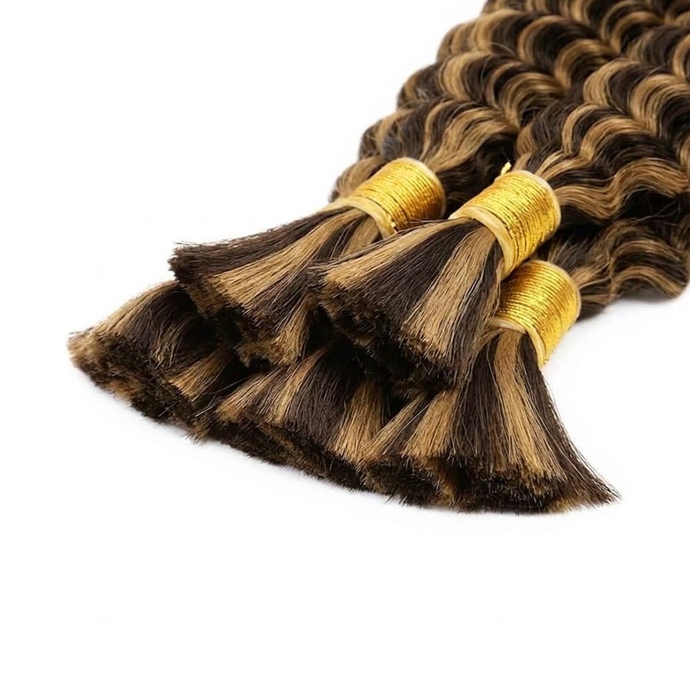 Burmese Curly 100% Raw Virgin  Human Hair Bundles - (No Weft) Bulk Hair  3 Bundles / Honey Blonde Highlights LINKTOWIG