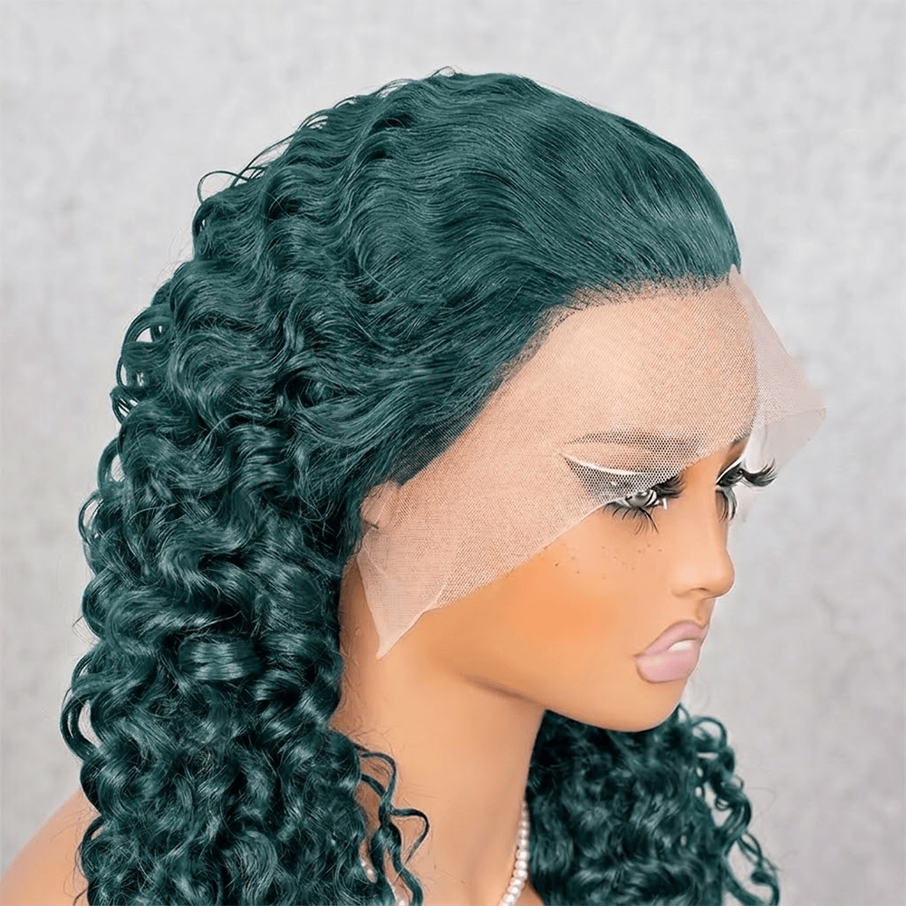 Burmese Curly HD Lace Super Natural Lace Frontal Human Hair Wigs Dark Emerald Green LINKTOWIG