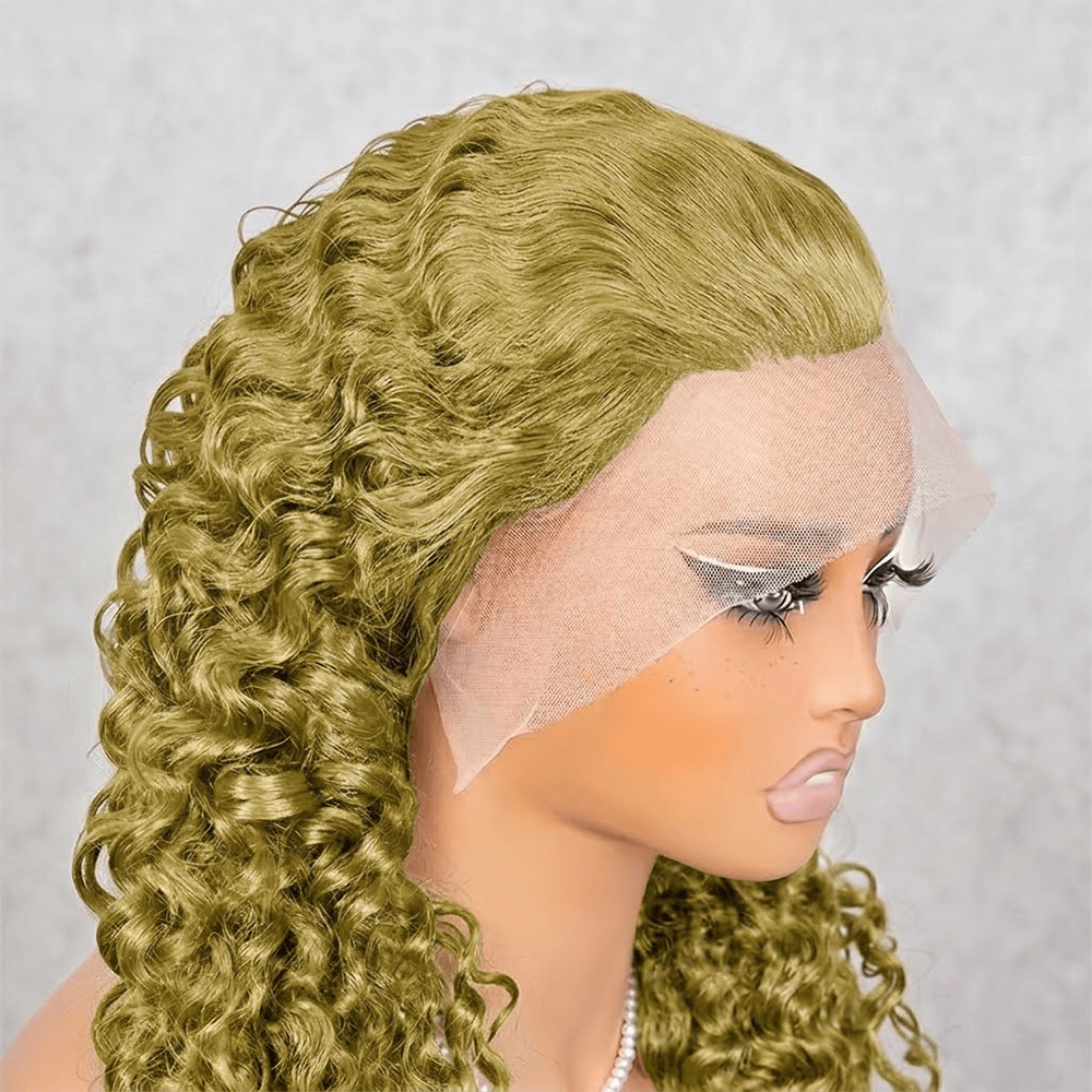 Burmese Curly HD Lace Super Natural Lace Frontal Human Hair Wigs Olive Green Blonde LINKTOWIG
