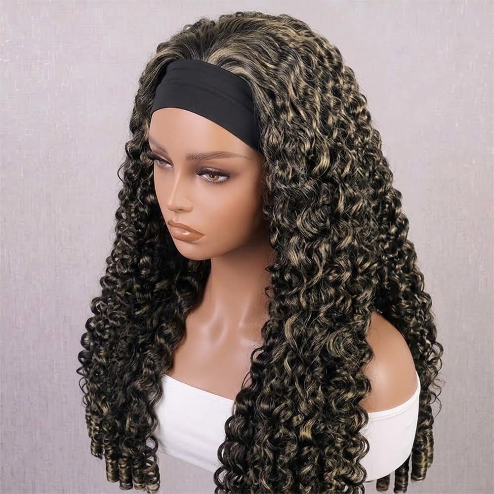 Burmese Curly Headband Human Hair Wig (Glueless, Ready-to-Wear) Natural Black and grey blended highlights LINKTOWIG