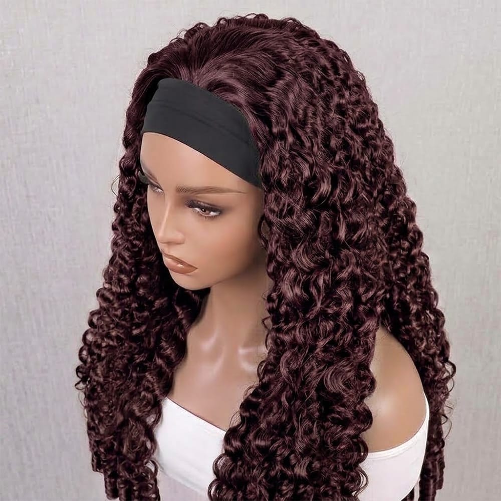 Burmese Curly Headband Human Hair Wig (Glueless, Ready-to-Wear) Natural Burgundy LINKTOWIG