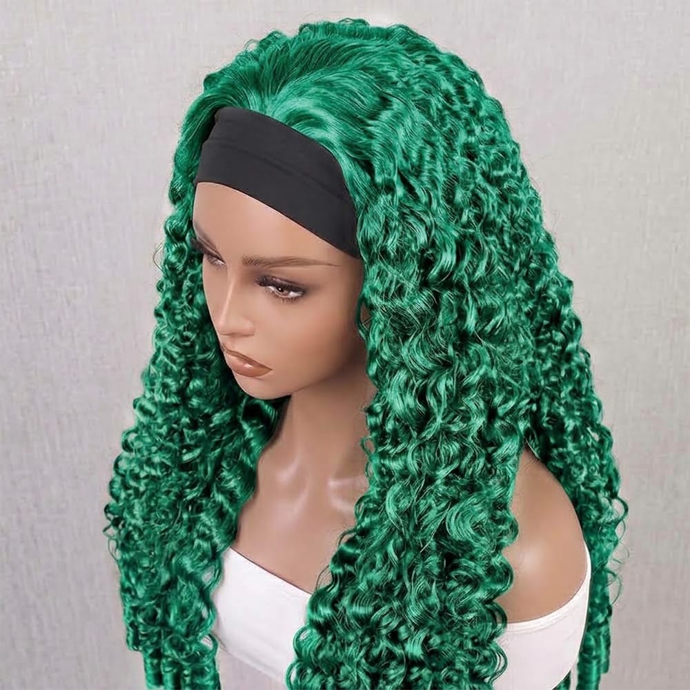 Burmese Curly Headband Human Hair Wig (Glueless, Ready-to-Wear) Natural Dark Emerald Green LINKTOWIG