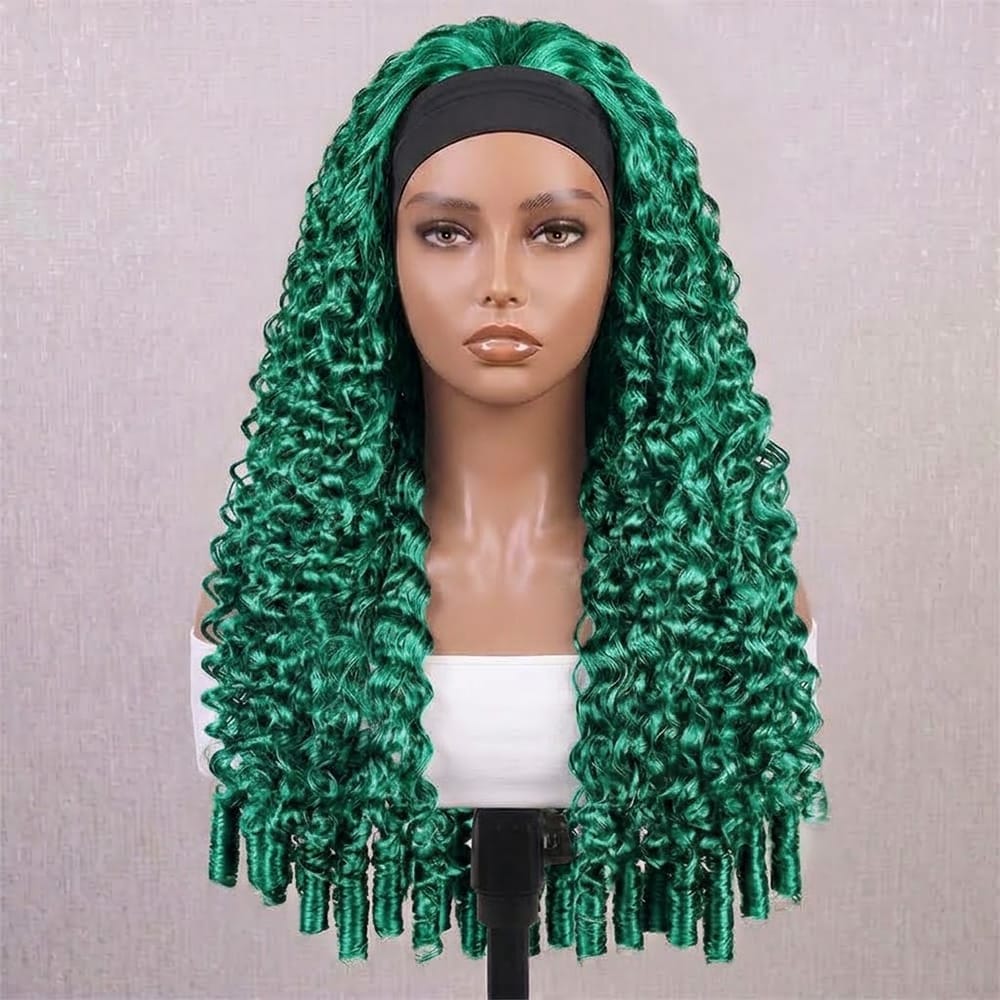 Burmese Curly Headband Human Hair Wig (Glueless, Ready-to-Wear) Natural Dark Emerald Green LINKTOWIG