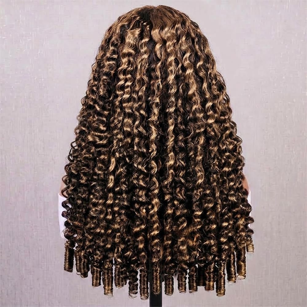 Burmese Curly Headband Human Hair Wig (Glueless, Ready-to-Wear) Natural Honey Blonde Highlights LINKTOWIG