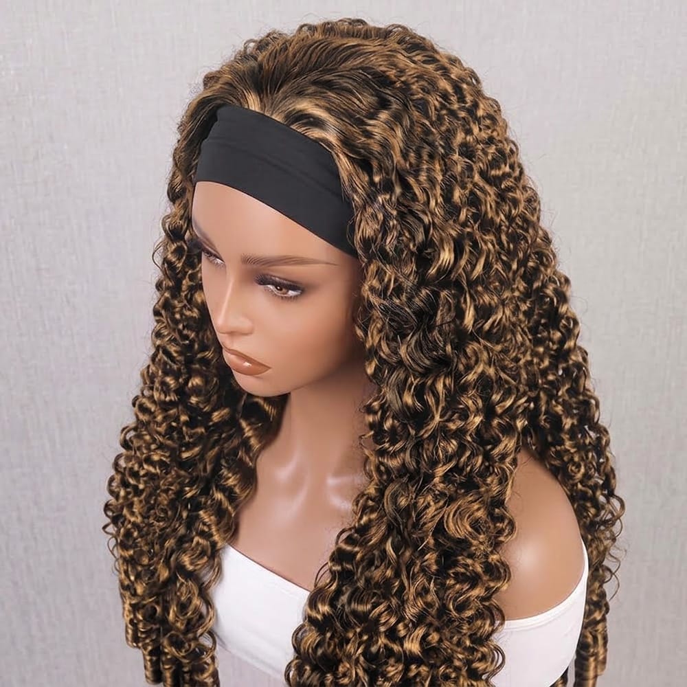 Burmese Curly Headband Human Hair Wig (Glueless, Ready-to-Wear) Natural Honey Blonde Highlights LINKTOWIG