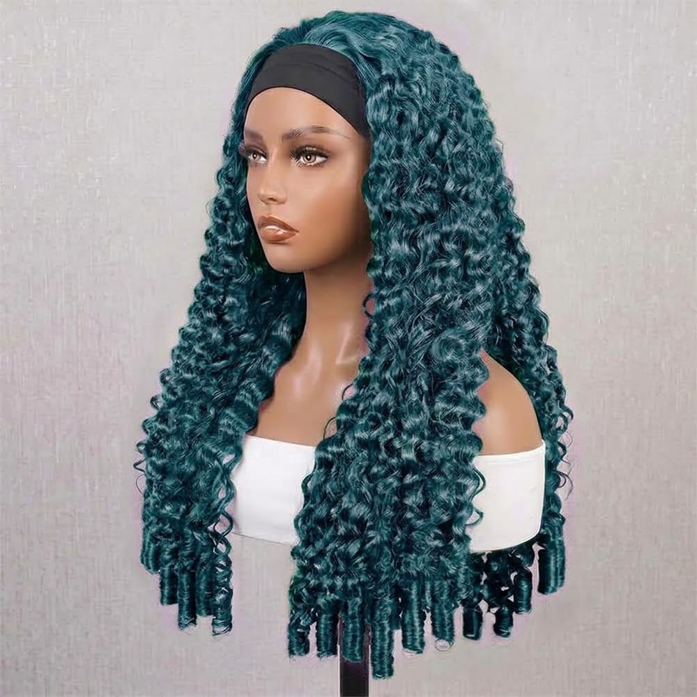 Burmese Curly Headband Human Hair Wig (Glueless, Ready-to-Wear) Natural Teal Green LINKTOWIG