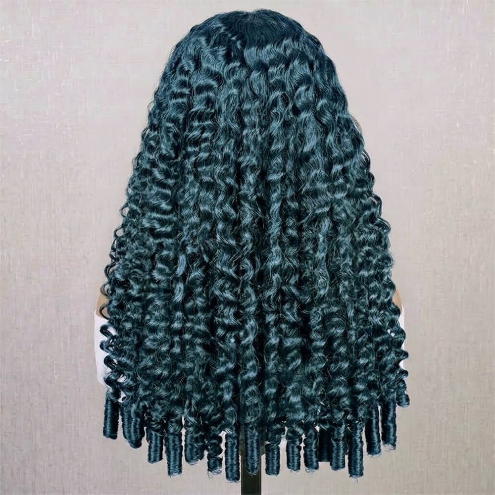 Burmese Curly Headband Human Hair Wig (Glueless, Ready-to-Wear) Natural Teal Green LINKTOWIG