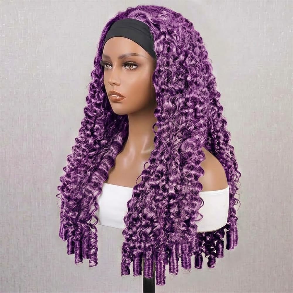 Burmese Curly Headband Human Hair Wig (Glueless, Ready-to-Wear) Natural Violet Purple LINKTOWIG