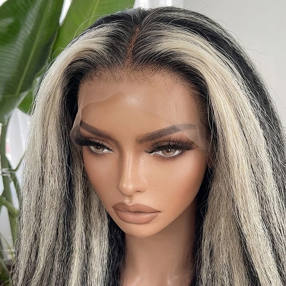 Coarse Yaki HD Lace Super Natural Lace Frontal Human Hair Wigs Black and grey blended highlights LINKTOWIG