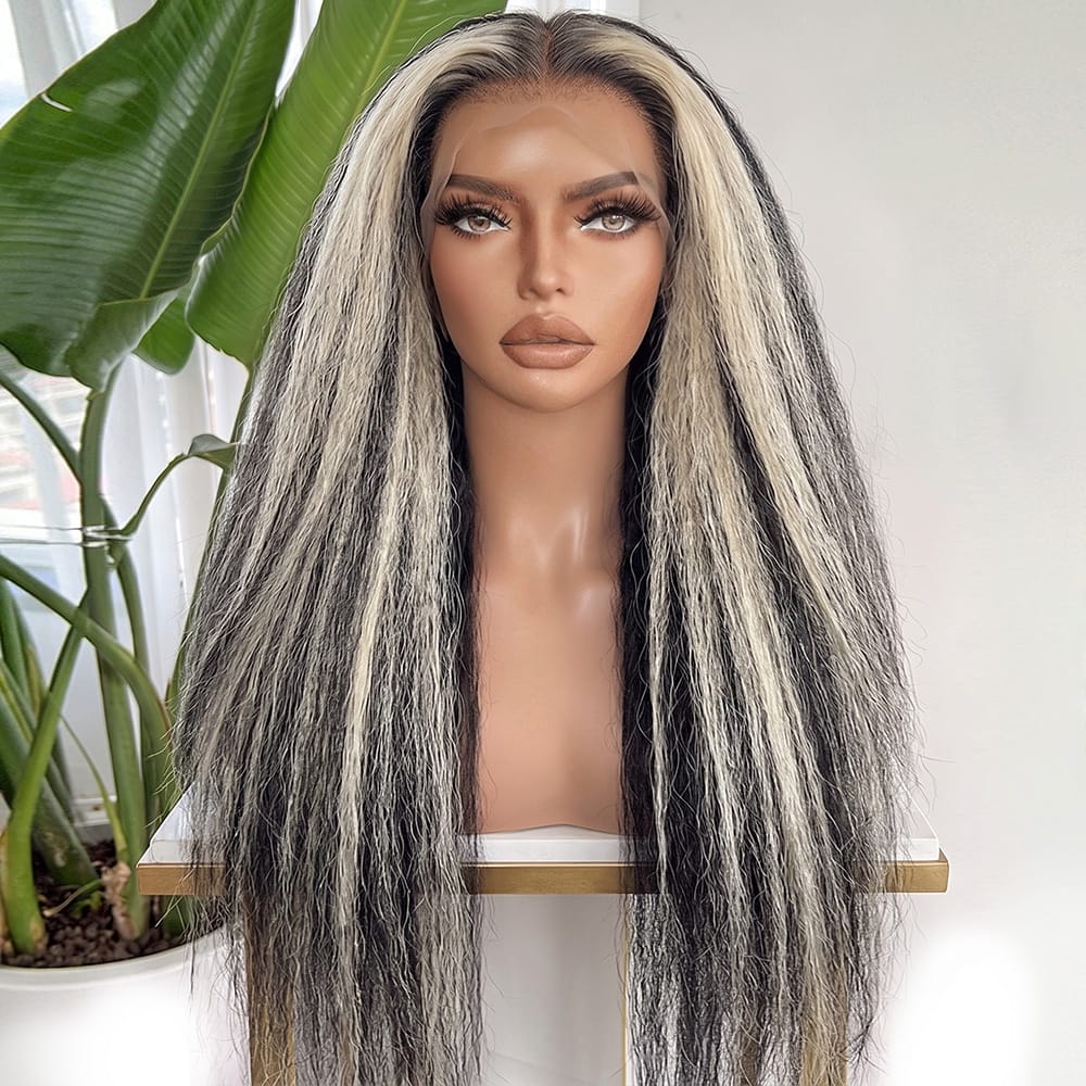 Coarse Yaki HD Lace Super Natural Lace Frontal Human Hair Wigs Black and grey blended highlights LINKTOWIG