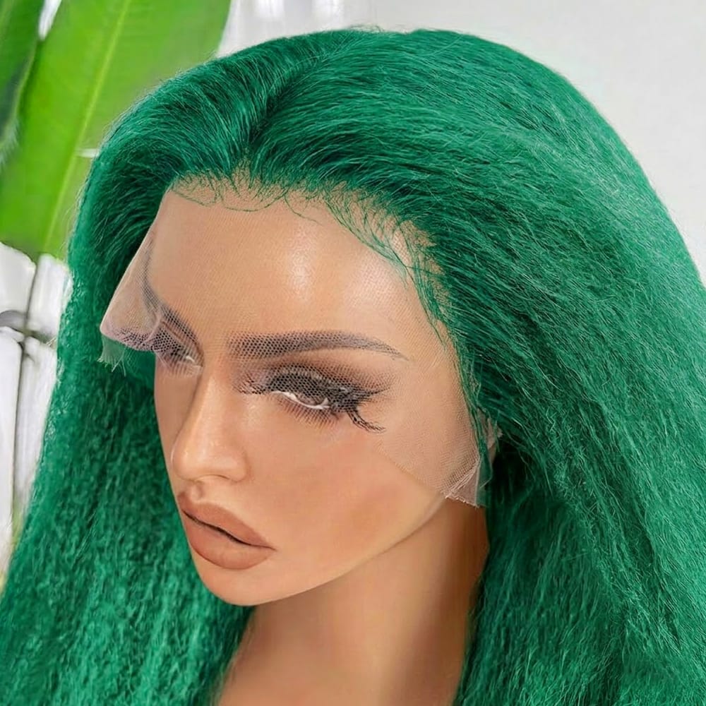 Coarse Yaki HD Lace Super Natural Lace Frontal Human Hair Wigs Dark Emerald Green LINKTOWIG