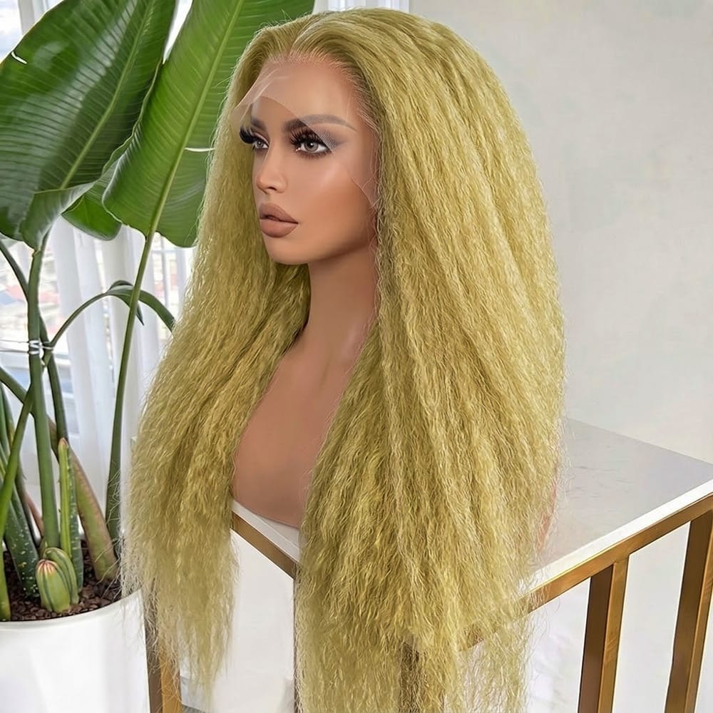 Coarse Yaki HD Lace Super Natural Lace Frontal Human Hair Wigs Olive Green Blonde LINKTOWIG