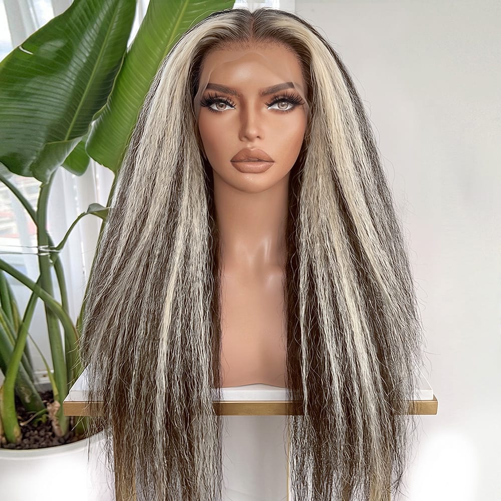 Coarse Yaki HD Lace Super Natural Lace Frontal Human Hair Wigs Piano Highlight Silver Grey LINKTOWIG