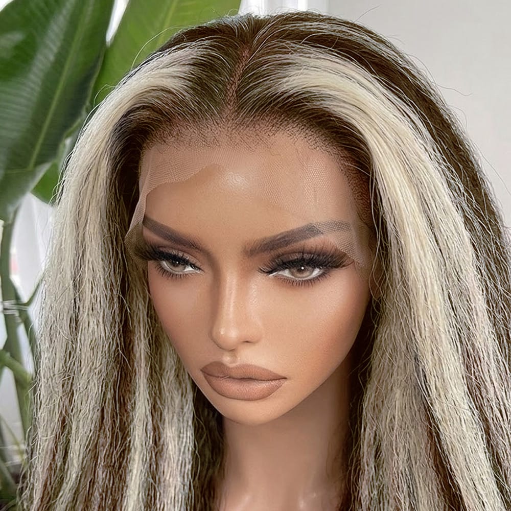 Coarse Yaki HD Lace Super Natural Lace Frontal Human Hair Wigs Piano Highlight Silver Grey LINKTOWIG
