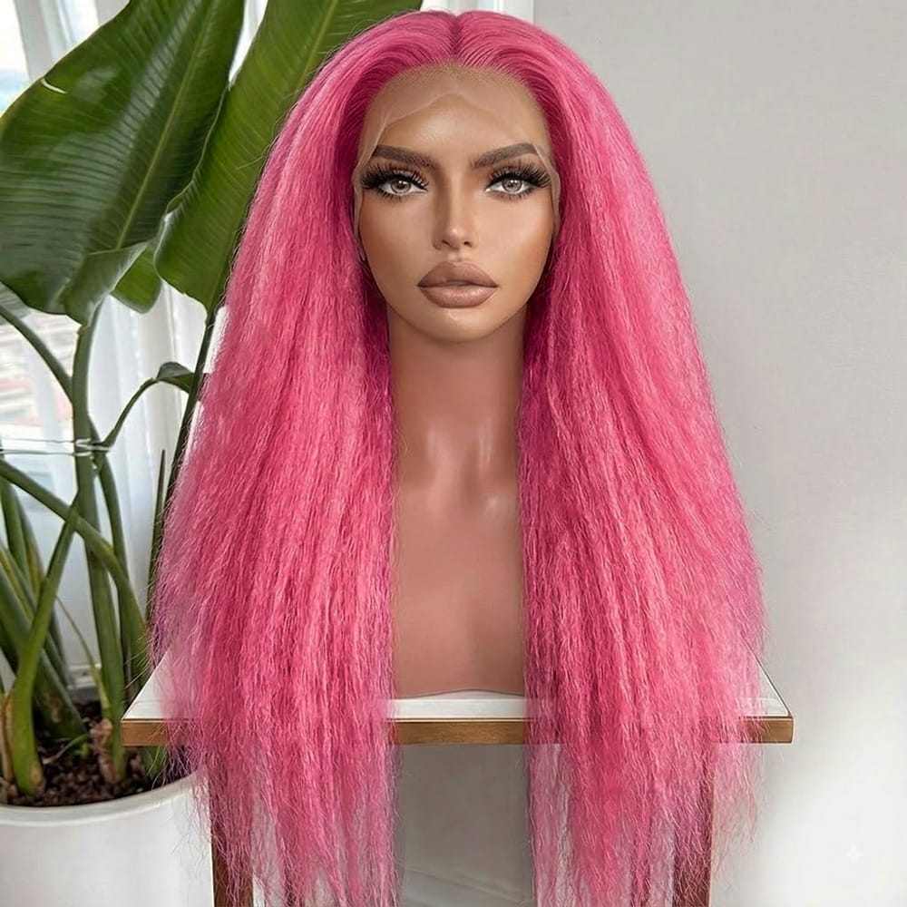 Coarse Yaki HD Lace Super Natural Lace Frontal Human Hair Wigs pink LINKTOWIG