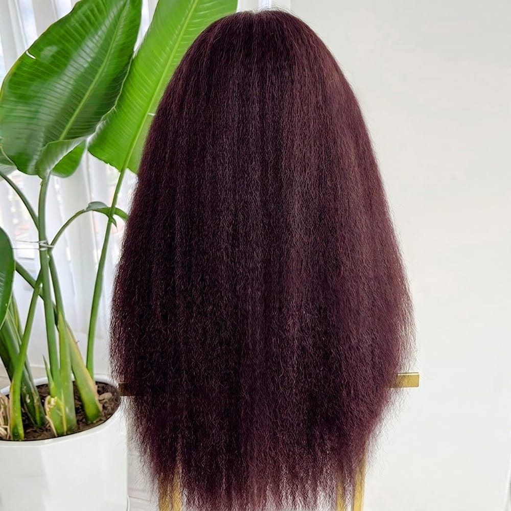 Coarse Yaki HD Lace Super Natural Lace Frontal Human Hair Wigs Plum Red LINKTOWIG