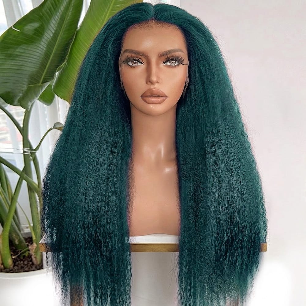 Coarse Yaki HD Lace Super Natural Lace Frontal Human Hair Wigs Teal Green LINKTOWIG