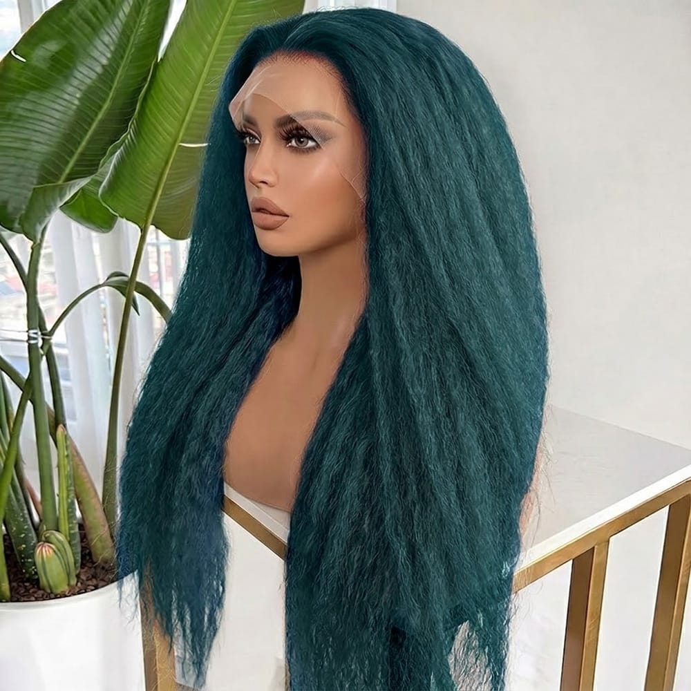 Coarse Yaki HD Lace Super Natural Lace Frontal Human Hair Wigs Teal Green LINKTOWIG