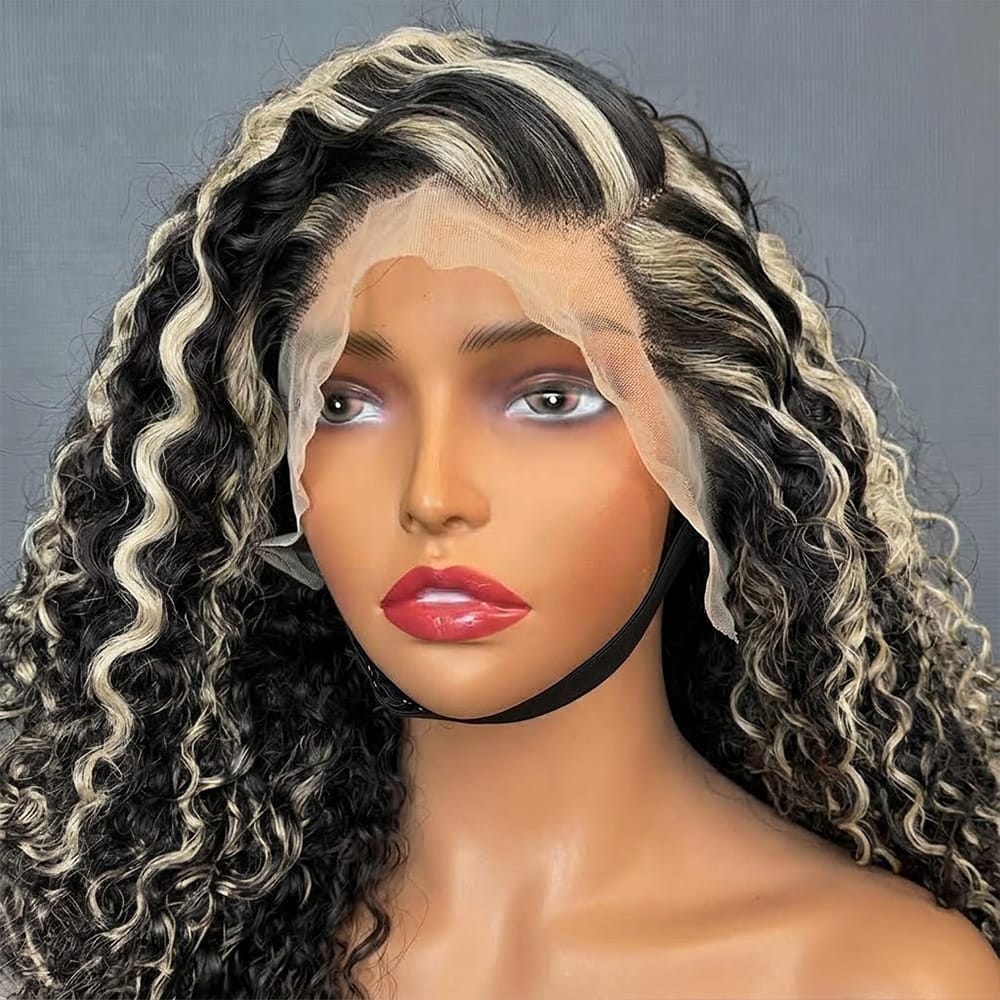 Deep Wave Bob Side Part  HD Lace Front Wig 100% Virgin Human Hair / Black and grey blended highlights LINKTOWIG