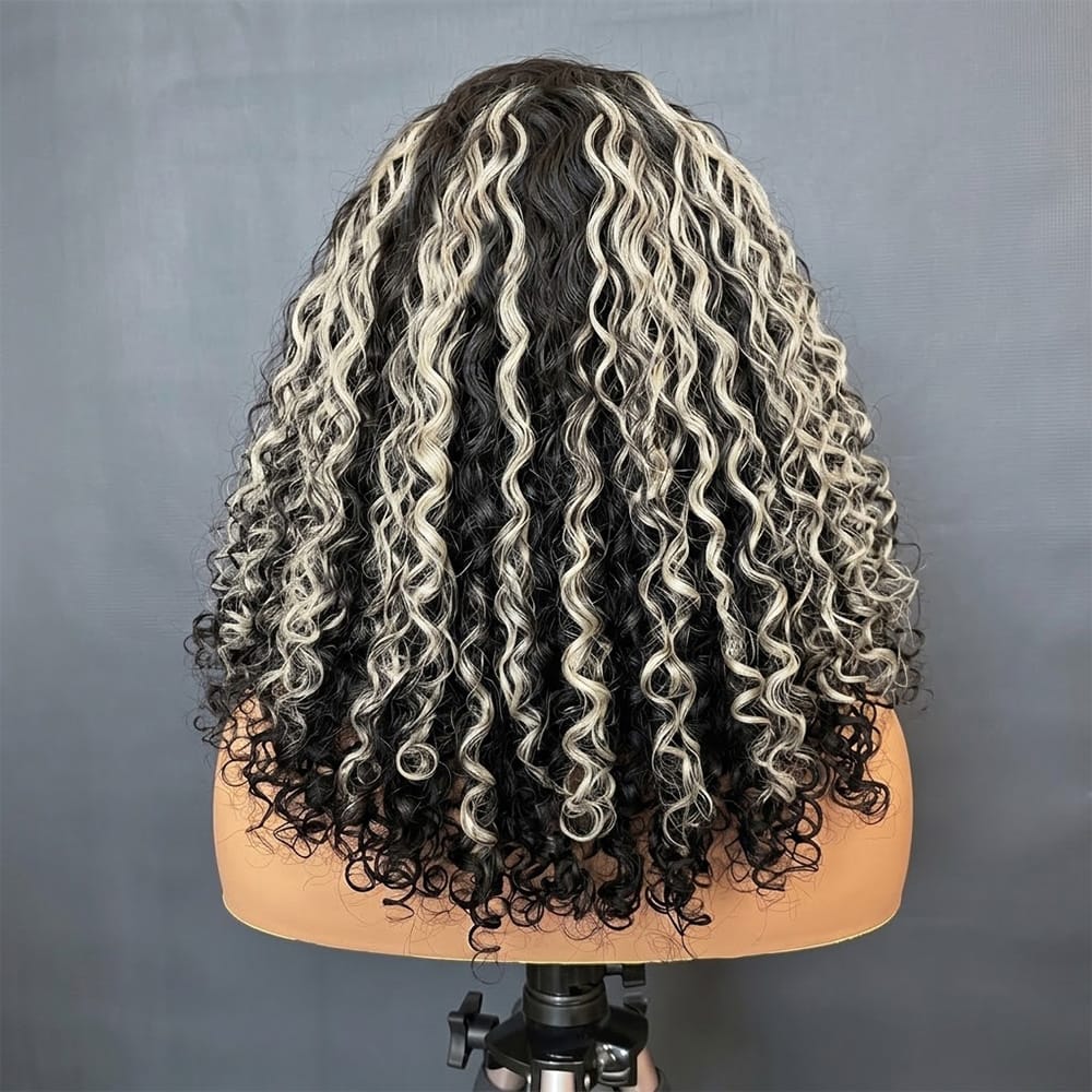 Deep Wave Bob Side Part  HD Lace Front Wig 100% Virgin Human Hair / Black and grey blended highlights LINKTOWIG