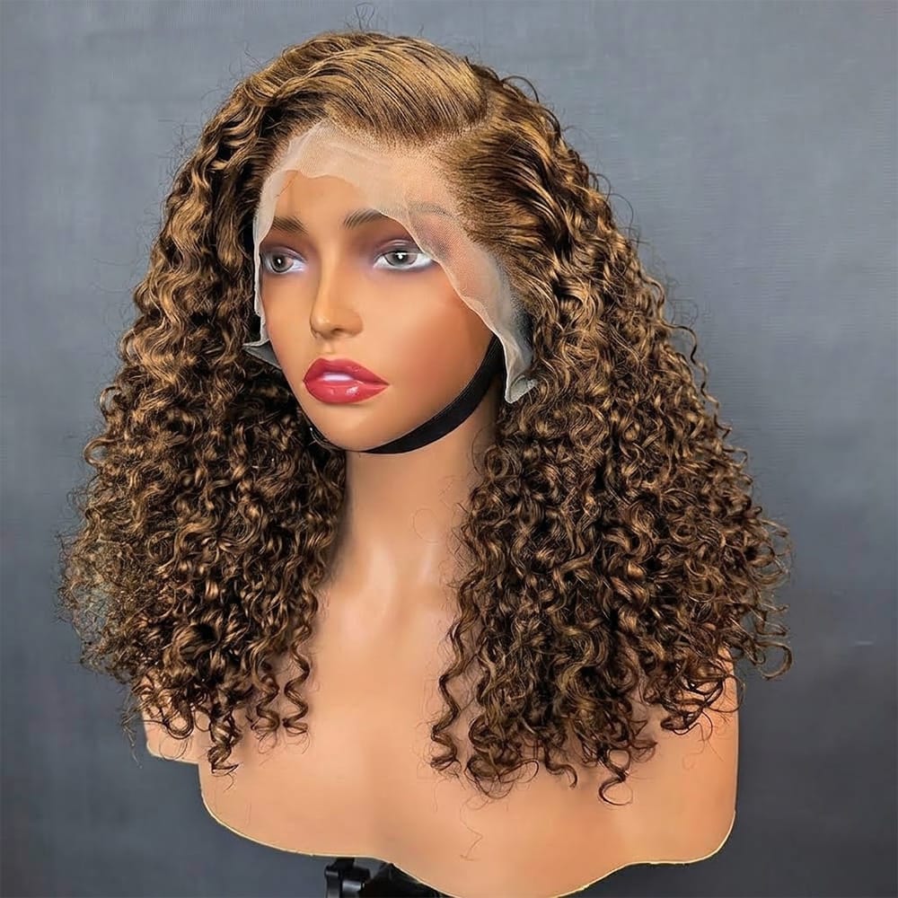 Deep Wave Bob Side Part  HD Lace Front Wig 100% Virgin Human Hair / Honey Blonde Highlights LINKTOWIG