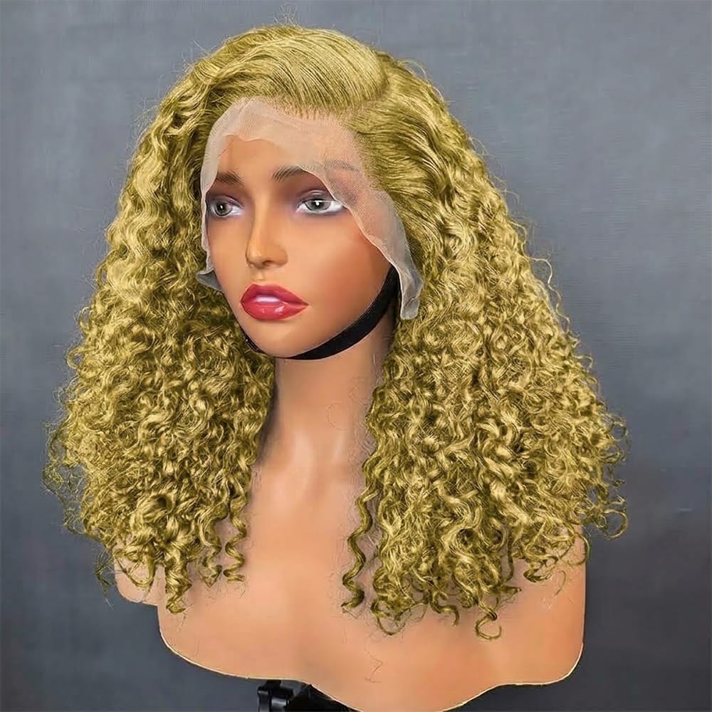 Deep Wave Bob Side Part  HD Lace Front Wig 100% Virgin Human Hair / Olive Green Blonde LINKTOWIG