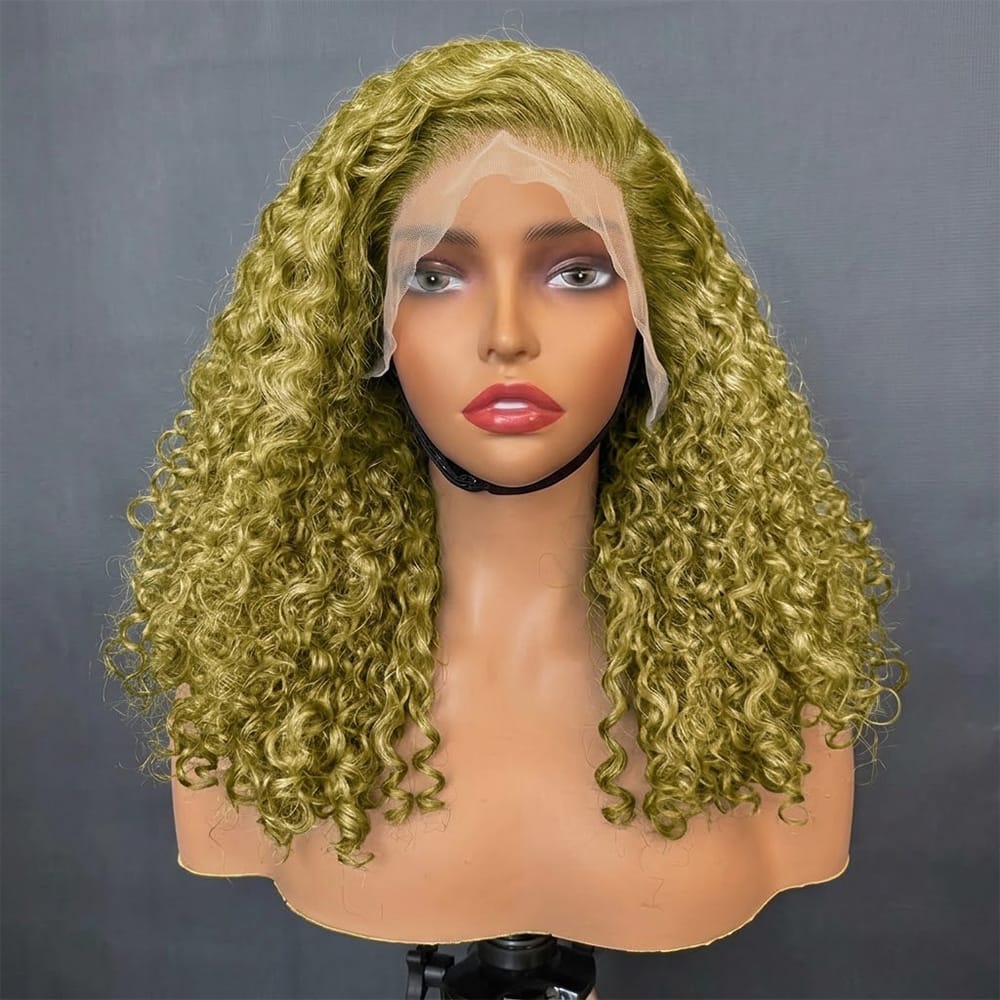 Deep Wave Bob Side Part  HD Lace Front Wig 100% Virgin Human Hair / Olive Green Blonde LINKTOWIG