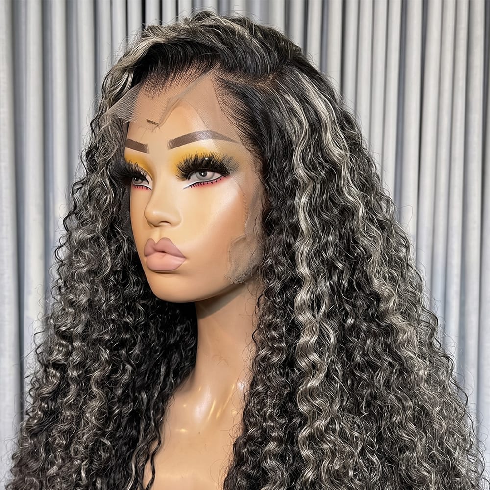 Deep Wave HD Lace Super Natural Lace Frontal Human Hair Wigs Black and grey blended highlights LINKTOWIG