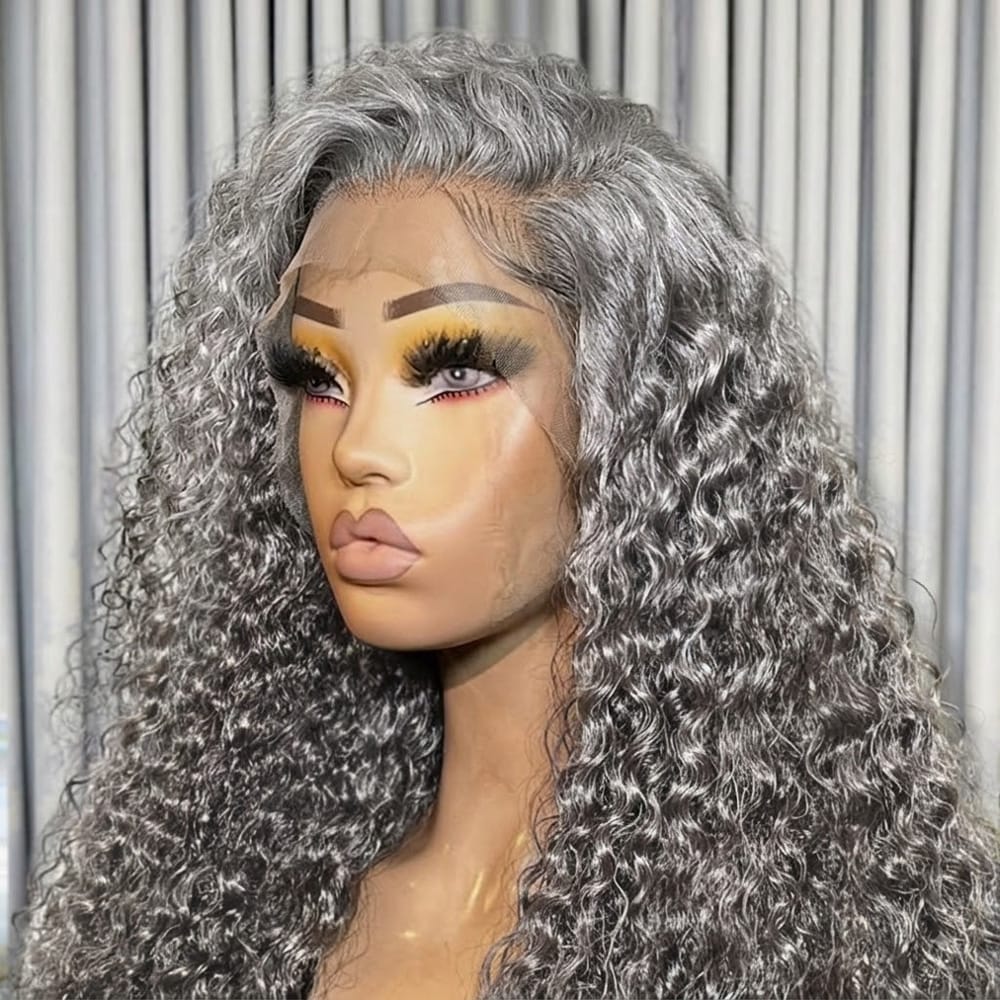 Deep Wave HD Lace Super Natural Lace Frontal Human Hair Wigs Charcoal Grey LINKTOWIG
