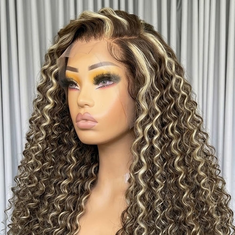 Deep Wave HD Lace Super Natural Lace Frontal Human Hair Wigs Dark Brown with Honey LINKTOWIG