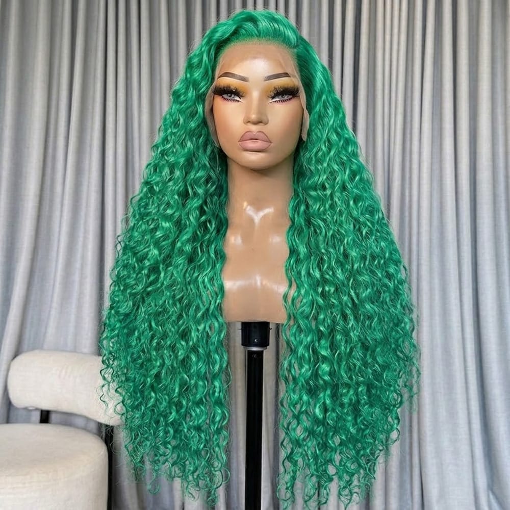 Deep Wave HD Lace Super Natural Lace Frontal Human Hair Wigs Dark Emerald Green LINKTOWIG