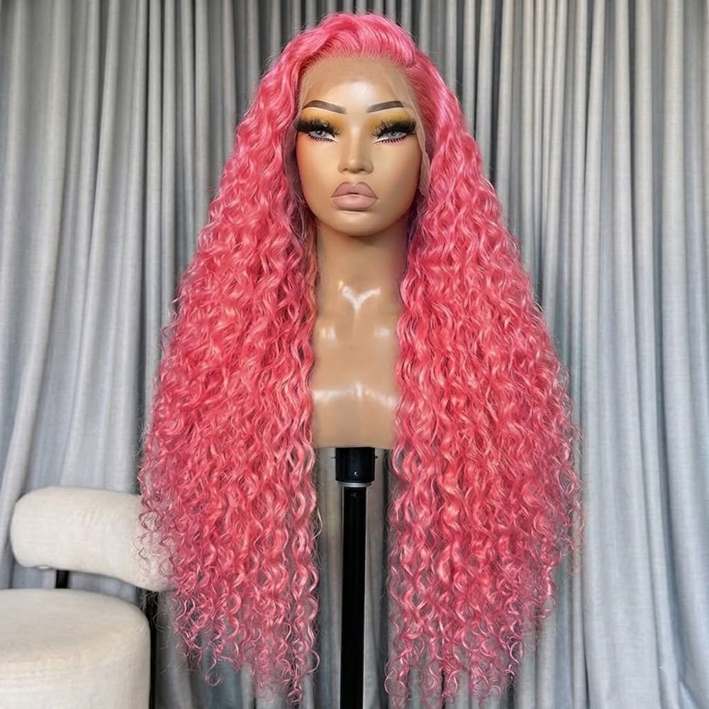 Deep Wave HD Lace Super Natural Lace Frontal Human Hair Wigs pink LINKTOWIG