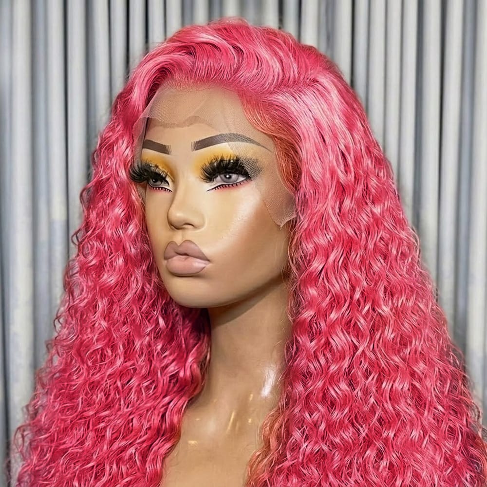 Deep Wave HD Lace Super Natural Lace Frontal Human Hair Wigs pink LINKTOWIG
