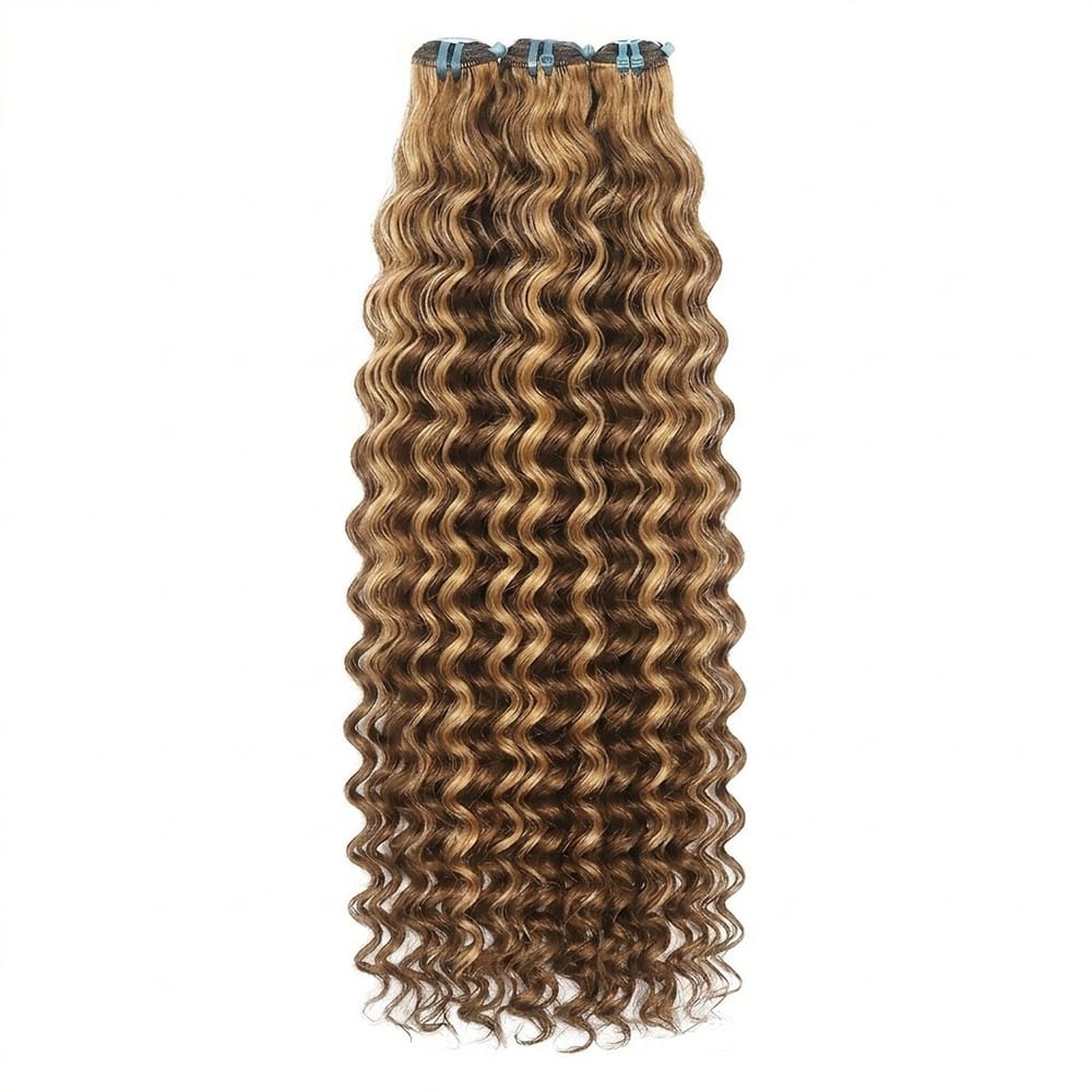 Deep Wave Luxury Natural Hair Weft – 100% Virgin Human Hair / Wig Honey Blonde Highlights LINKTOWIG