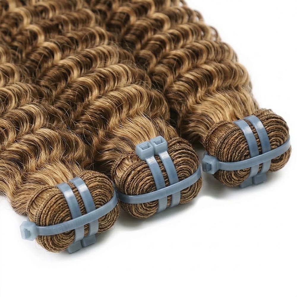 Deep Wave Luxury Natural Hair Weft – 100% Virgin Human Hair / Wig Honey Blonde Highlights LINKTOWIG