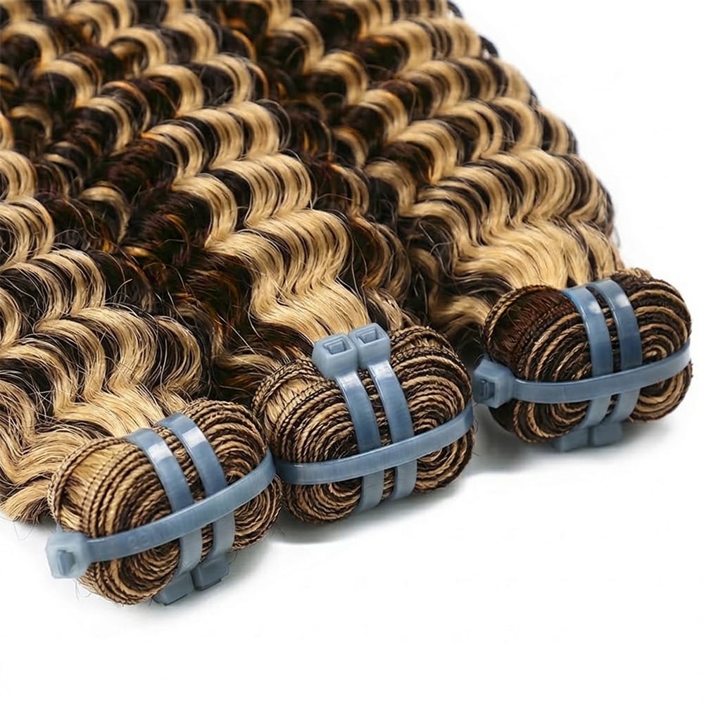 Deep Wave Luxury Natural Hair Weft – 100% Virgin Human Hair / Wig Honey Blonde Highlights LINKTOWIG