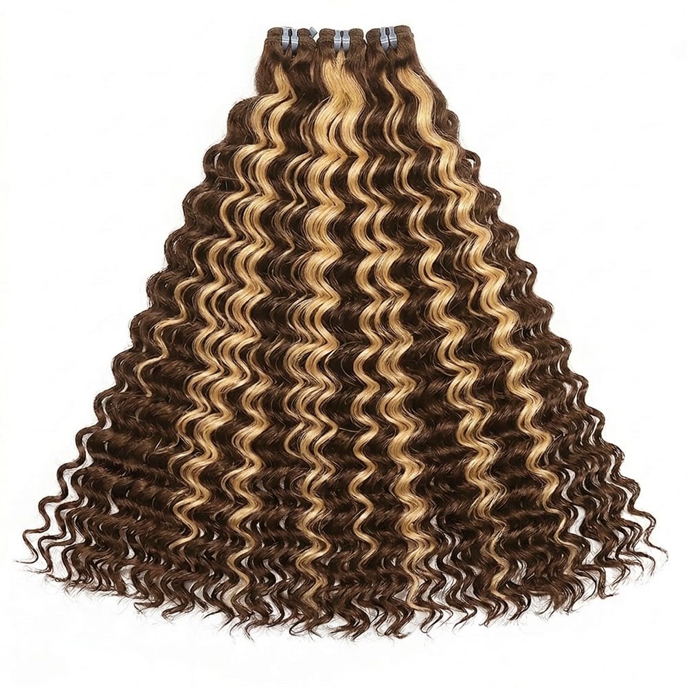 Deep Wave Luxury Natural Hair Weft – 100% Virgin Human Hair / Wig Honey Blonde Highlights LINKTOWIG