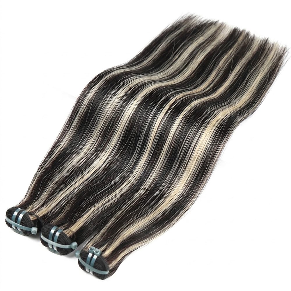 Hair Weft Luxury Natural Straight  — 100% Virgin Human Hair Extensions Black and grey blended highlights LINKTOWIG
