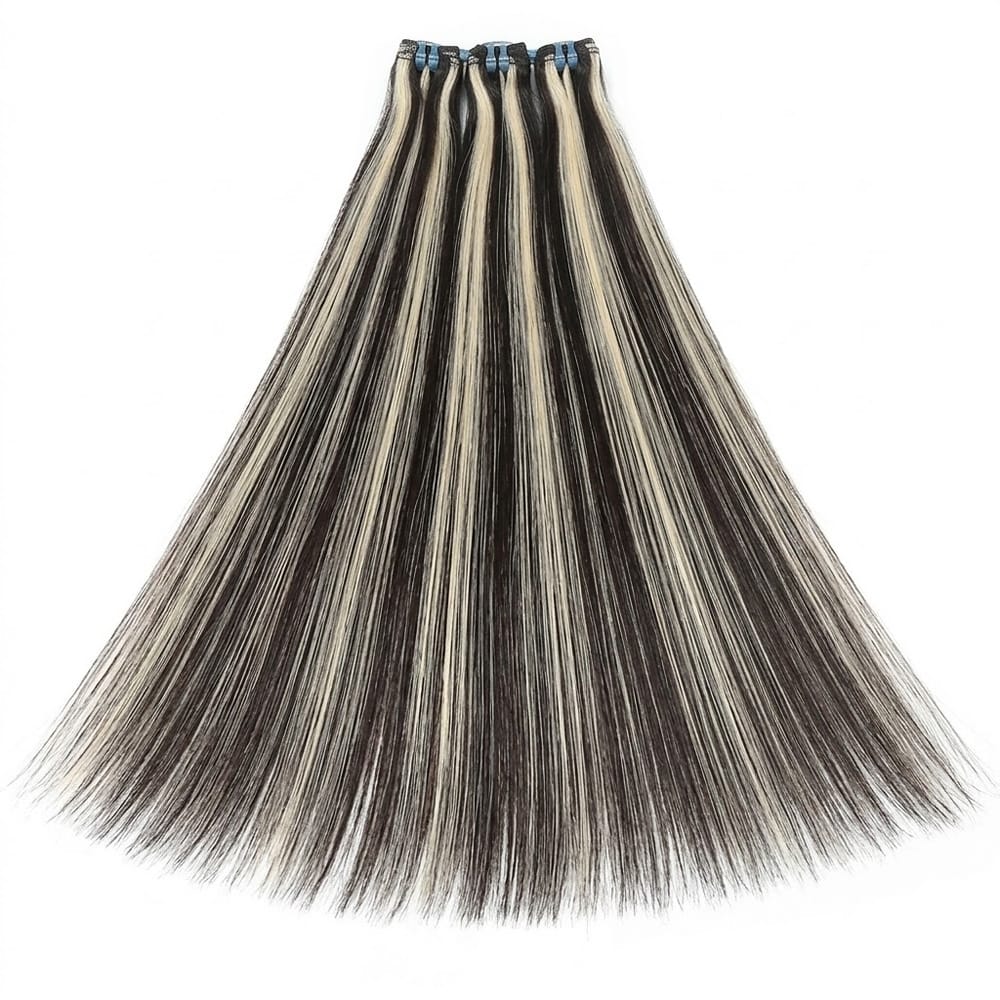 Hair Weft Luxury Natural Straight  — 100% Virgin Human Hair Extensions Black and grey blended highlights LINKTOWIG