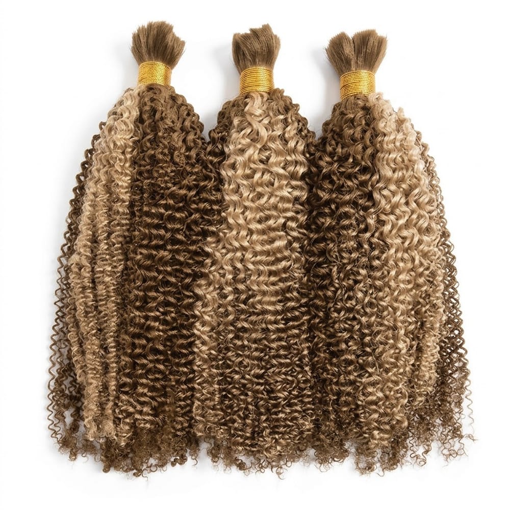 Kinky Curly 100% Raw Virgin  Human Hair Bundles - (No Weft) Bulk Hair  3 Bundles / Honey Blonde Highlights LINKTOWIG