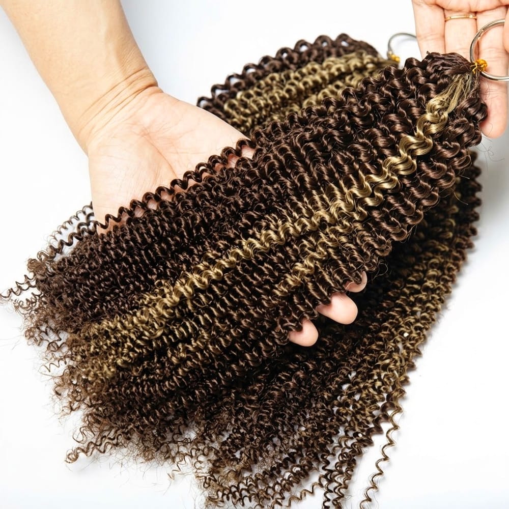Kinky Curly Hair Bundles / Feather Hair Extensions — 100% Virgin Human Hair / Honey Blonde Highlights LINKTOWIG