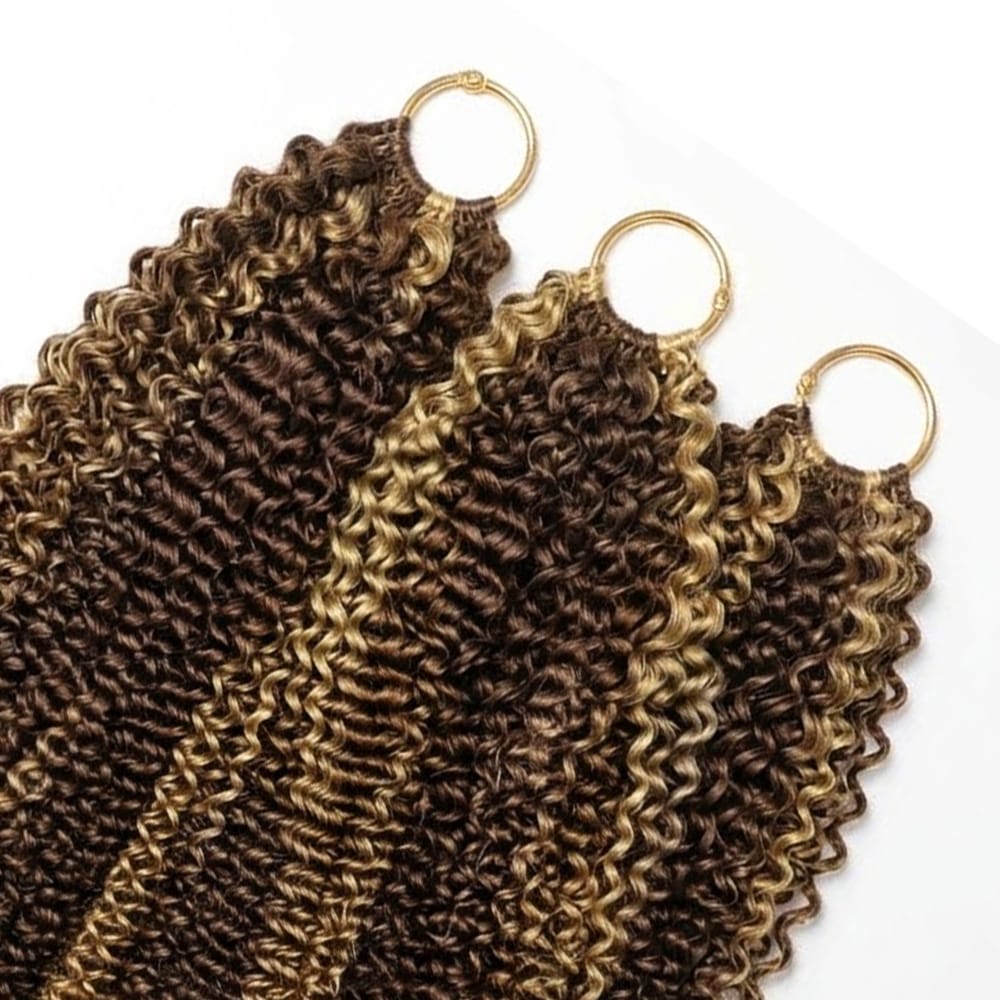 Kinky Curly Hair Bundles / Feather Hair Extensions — 100% Virgin Human Hair / Honey Blonde Highlights LINKTOWIG