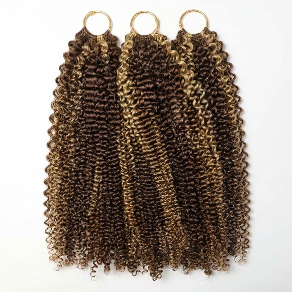 Kinky Curly Hair Bundles / Feather Hair Extensions — 100% Virgin Human Hair / Honey Blonde Highlights LINKTOWIG