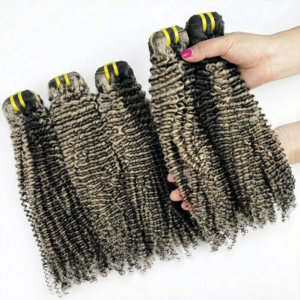 Kinky Curly Luxury Natural Hair Weft – 100% Virgin Human Hair / Wig Black and grey blended highlights LINKTOWIG