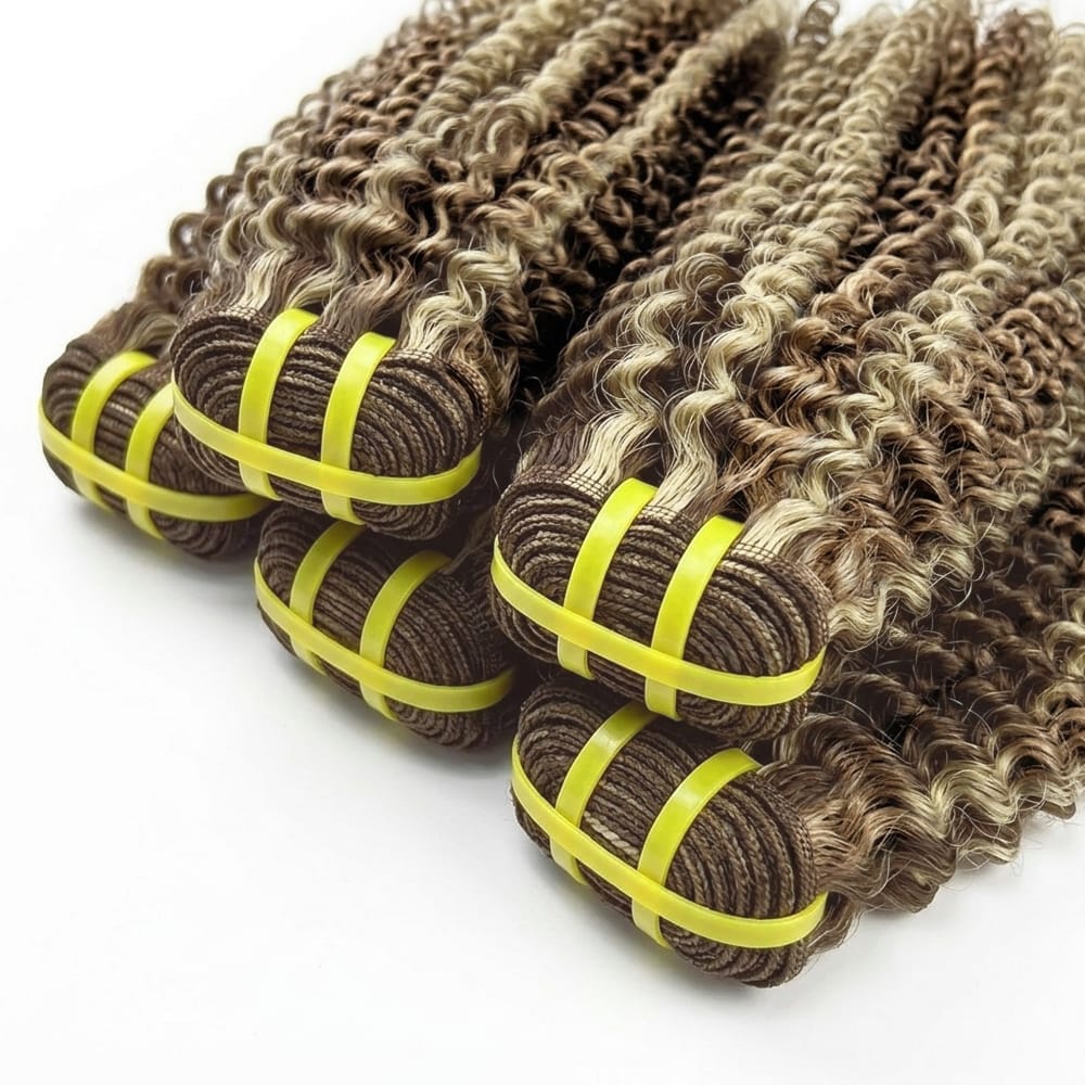 Kinky Curly Luxury Natural Hair Weft – 100% Virgin Human Hair / Wig Brown Mix Platinum Blonde Highlights LINKTOWIG