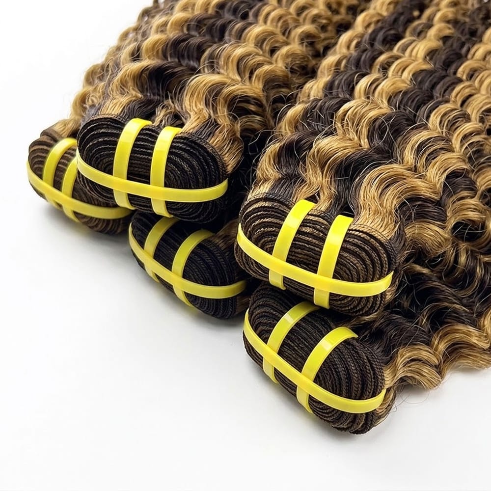 Kinky Curly Luxury Natural Hair Weft – 100% Virgin Human Hair / Wig Honey Blonde Highlights LINKTOWIG