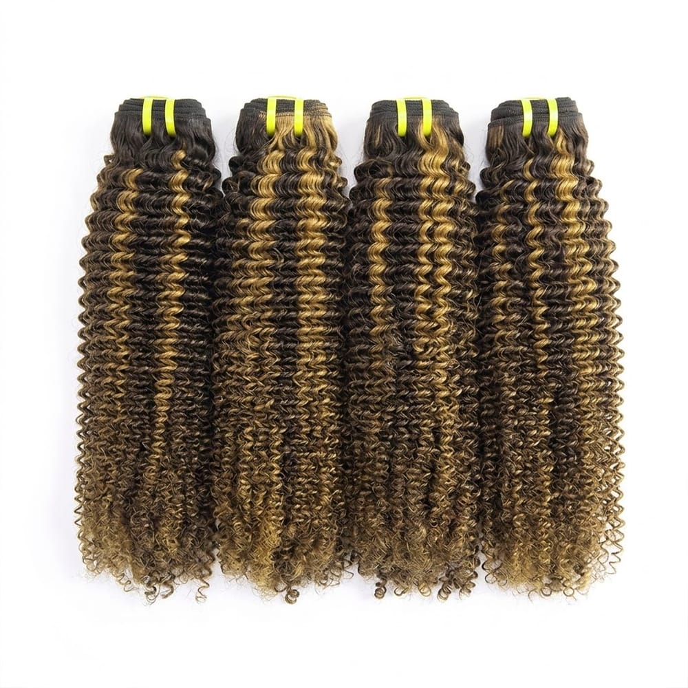 Kinky Curly Luxury Natural Hair Weft – 100% Virgin Human Hair / Wig Honey Blonde Highlights LINKTOWIG