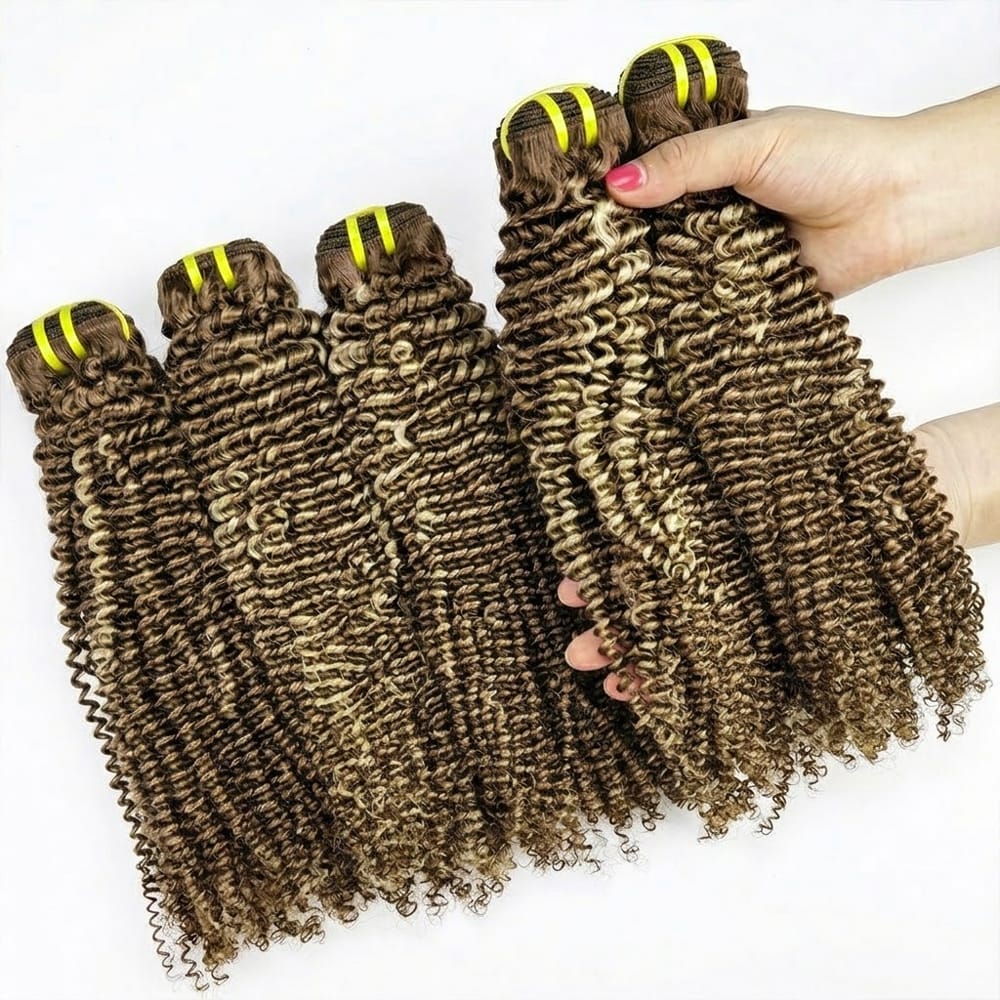 Kinky Curly Luxury Natural Hair Weft – 100% Virgin Human Hair / Wig Honey Blonde Highlights LINKTOWIG