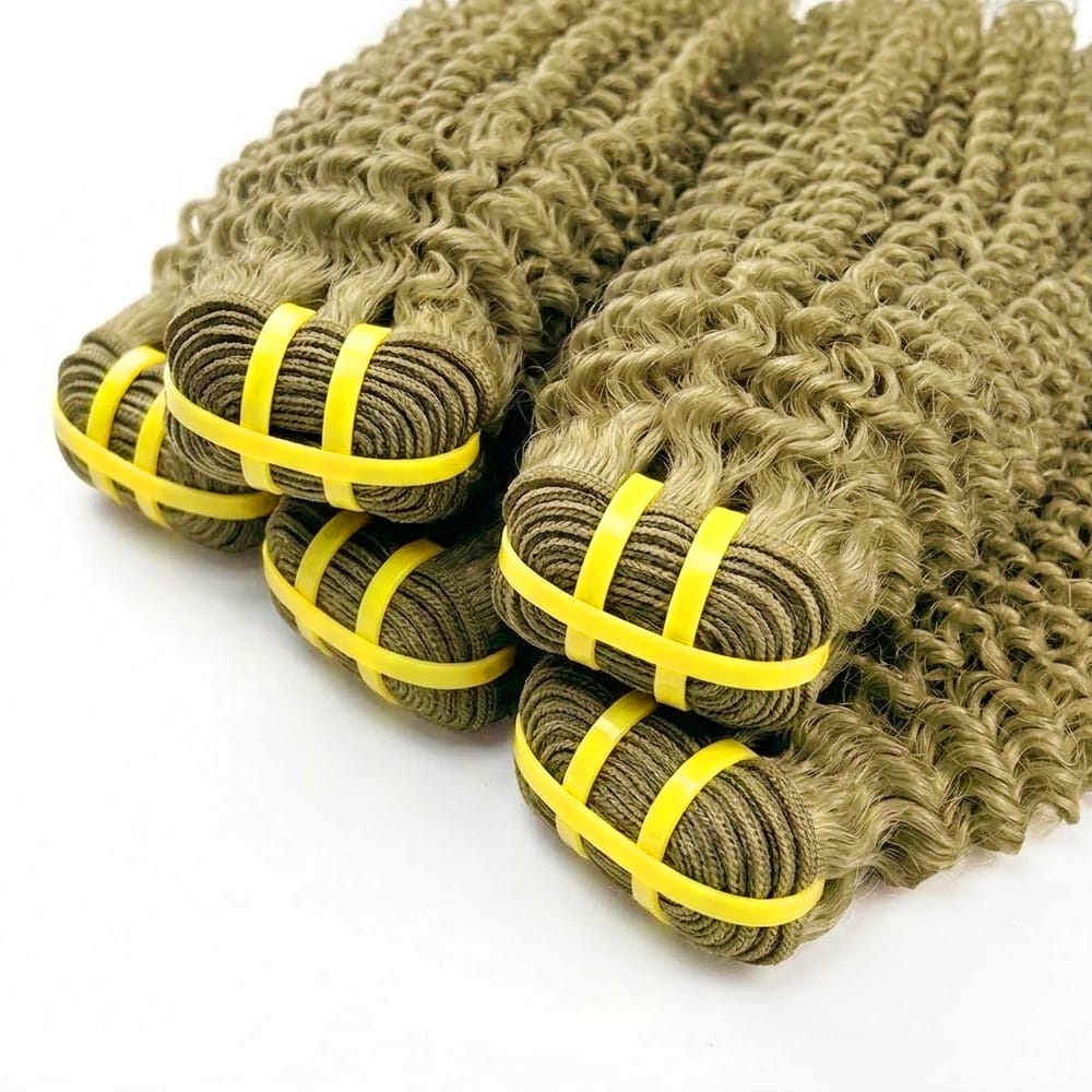 Kinky Curly Luxury Natural Hair Weft – 100% Virgin Human Hair / Wig Olive Green Blonde LINKTOWIG